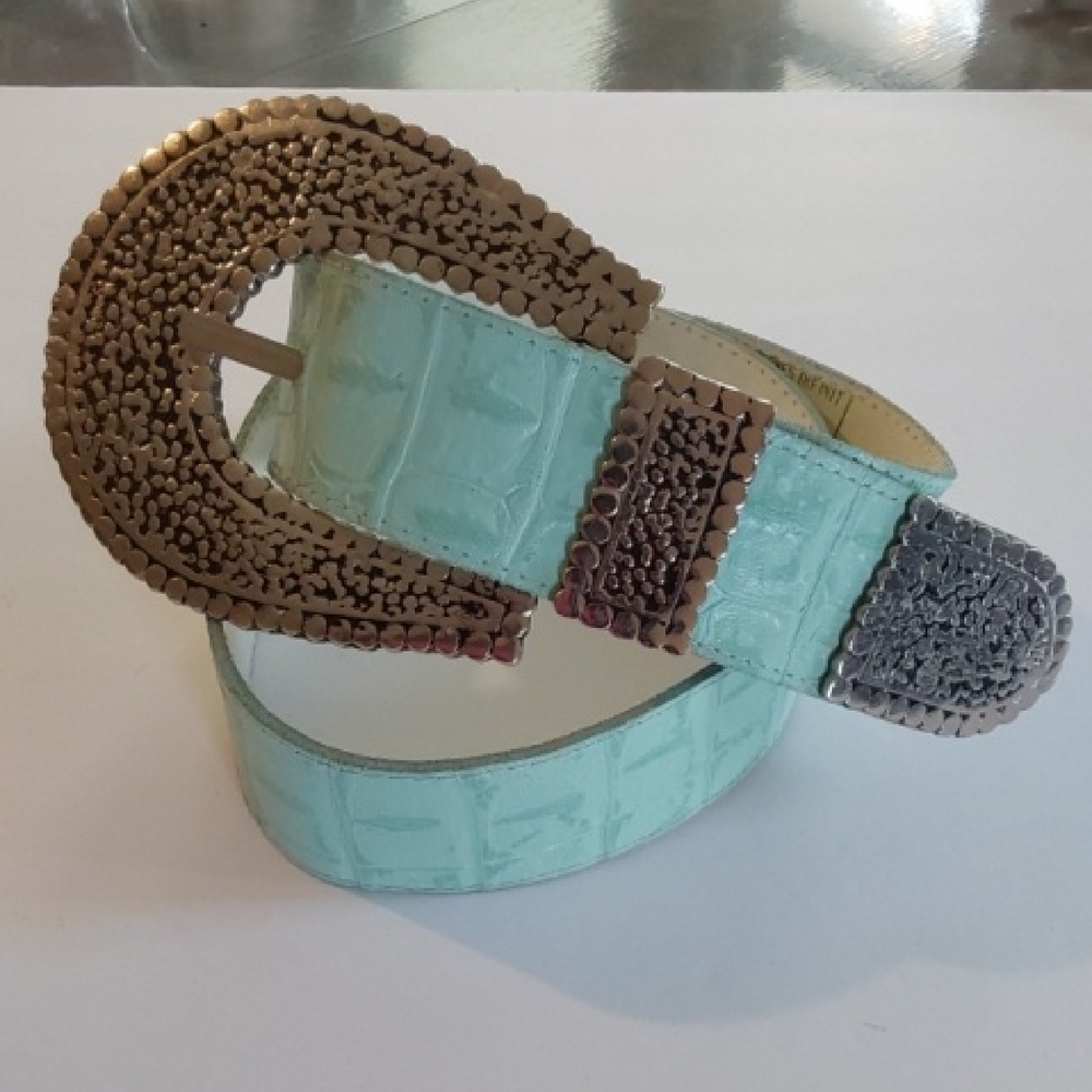 R & T Mint Green Croc Textured Belt Heavy Silver Huge Buckle / Tip Mod Sz.S/M